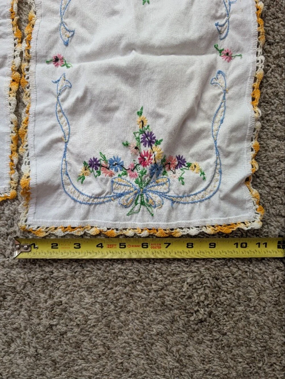 Embroidered Floral Bow Linen Napkin Set with Yellow Crochet Trim Hand‎ Made